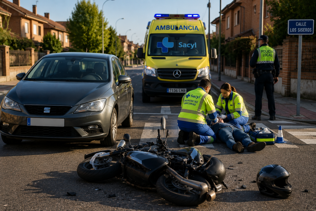 Motorista herido tras colisión con turismo en Villaquilambre a las 7:45
